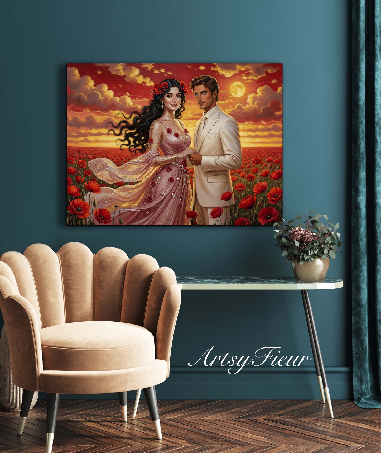 Framed canvas- whimsical full moon sunset bride and groom, wedding, poppy field, vibrant colours living room original artwork, fantasy oil painting wall art print