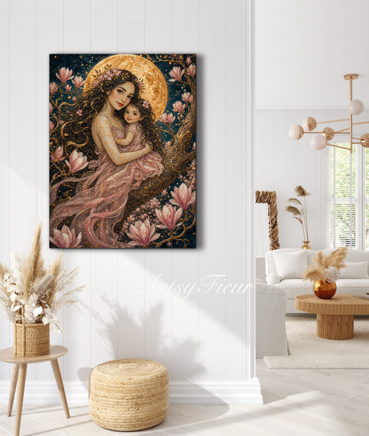 Framed canvas- Abstract Portrait Mosaic Fairy Beautiful Brunette Mother and Daughter Vibrant Magnolia Flowers Fantasy Wall Art Print