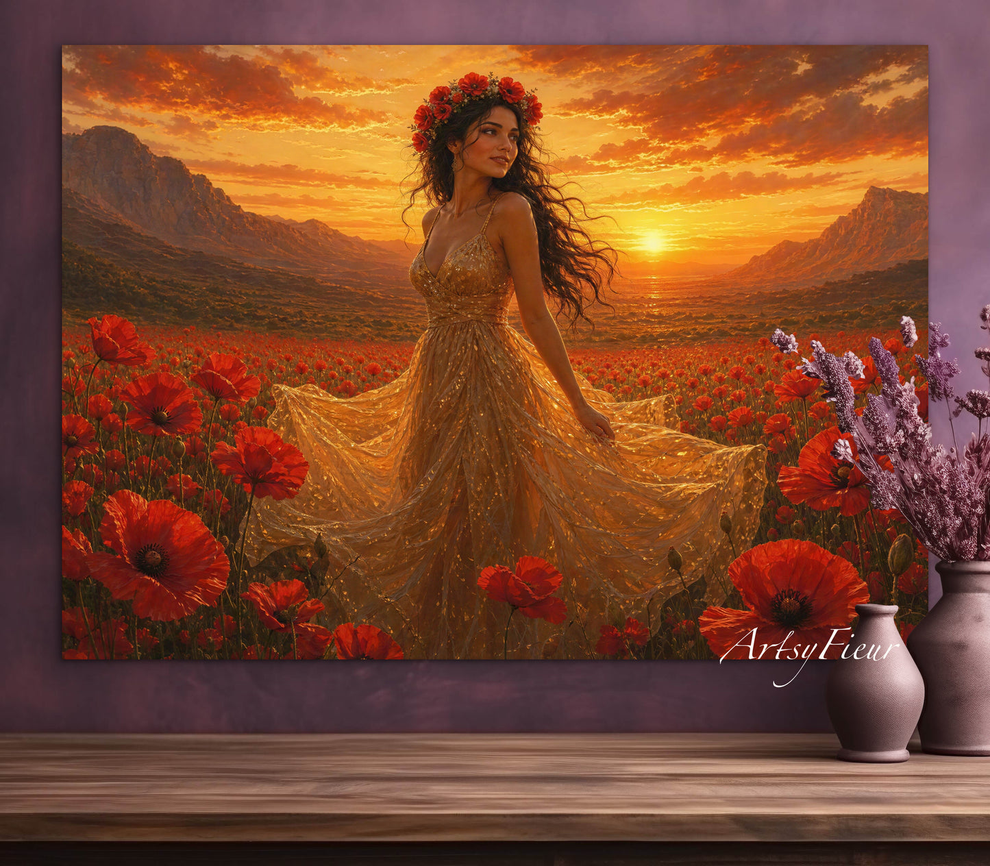 Framed Canvas - Vibrant Poppies Whimsical Full Moon Bride in Poppy Field, Wall Art Ready to hang Oil Painting Original Artwork Print