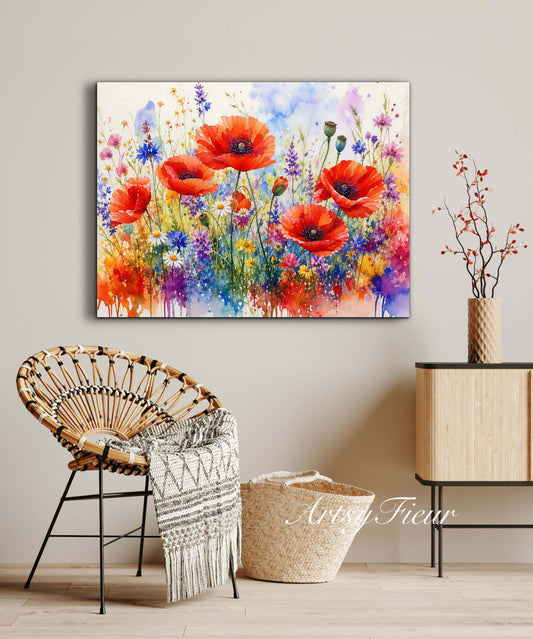 Framed canvas- ready to hand wall art print, beautiful vibrant colours watercolour fantasy painting poppy wildflowers ,floral landscape, unique gift, one of a kind original artwork