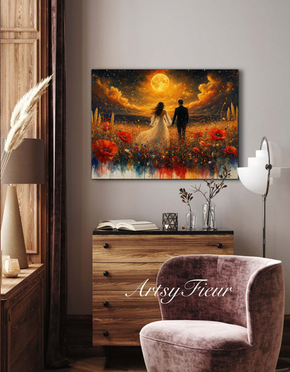 Framed canvas- whimsical full moon sunset -bride and groom, wedding gift, fantasy oil painting bedroom wall art print floral poppies field colourful vibrant colours