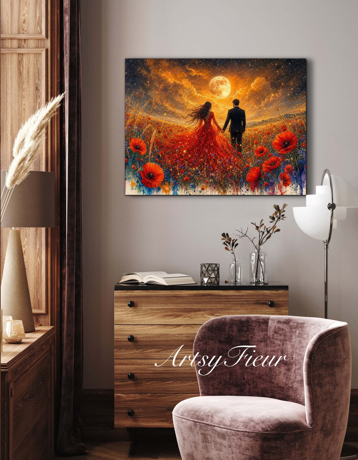 Framed canvas- whimsical full moon sunset -bride and groom, wedding gift, fantasy oil painting bedroom wall art print floral poppies field colourful vibrant colours