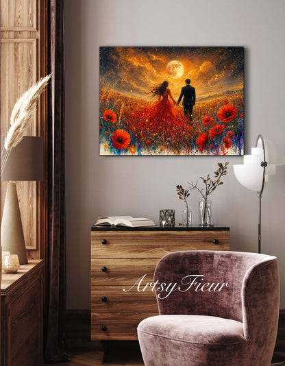 Framed canvas- whimsical full moon sunset -bride and groom, wedding gift, fantasy oil painting bedroom wall art print floral poppies field colourful vibrant colours