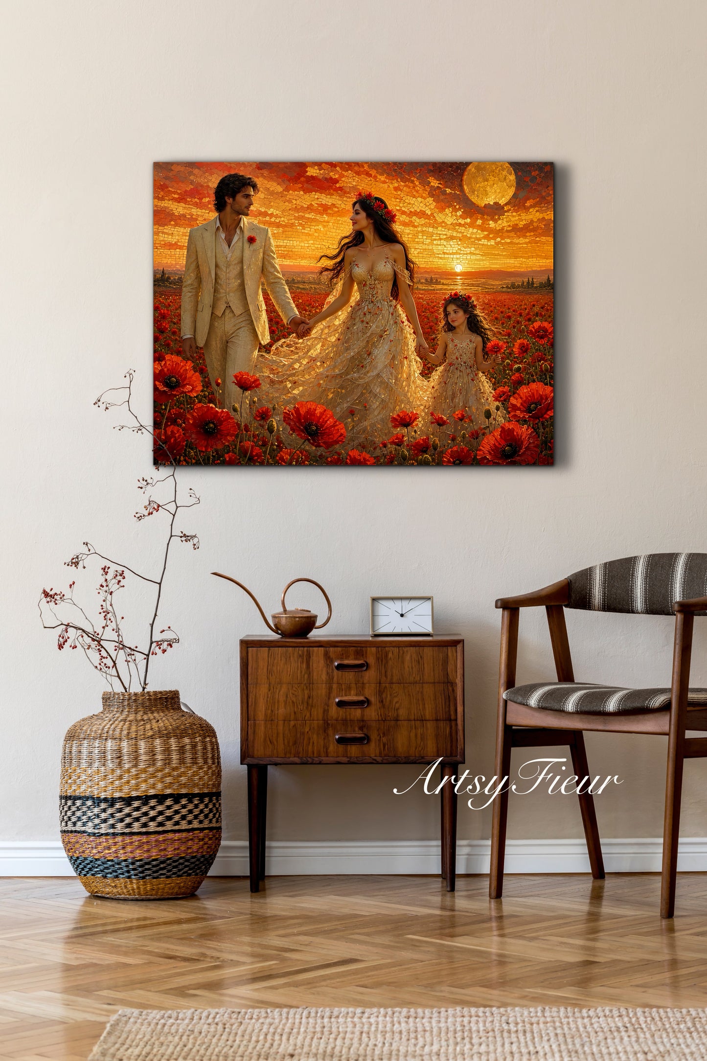 Framed Canvas Vibrant Poppies- Whimsical full moon fantasy oil painting Wedding celebration mother and daughter beautiful family portrait Original wall art print