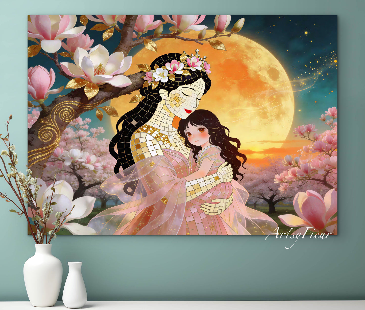 Framed Canvas- Vibrant Magnolia Flowers Mother and Daughter Portrait Original ArtworkFantasy Wall Art