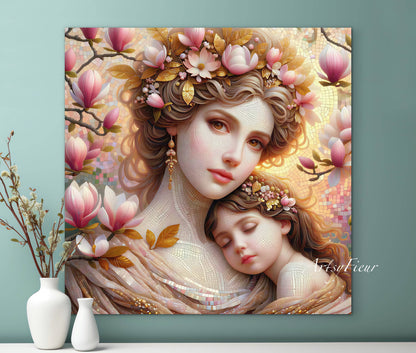 Framed canvas- ready to hang wall art print, abstract mother and daughter portrait Mosaic