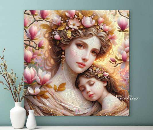 Framed canvas- ready to hang wall art print, abstract mother and daughter portrait Mosaic
