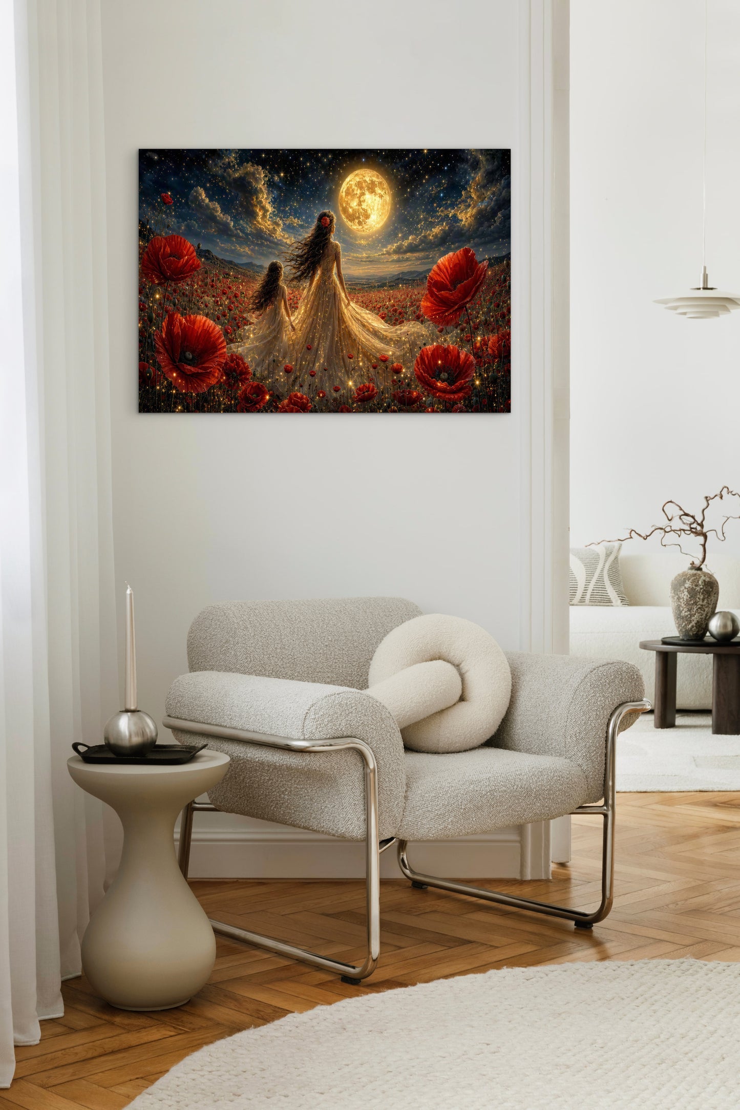 Framed Canvas- Vibrant Poppies Field Bride Mother and Daughter Portrait Whimsical Full Moon Sunset Fantasy Oil Painting Wall Art Print