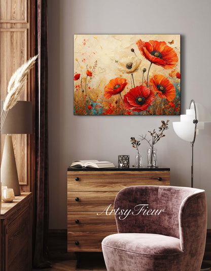 Framed Canvas- Beautiful Vibrant Poppies Abstract Oil Painting Floral Canvas Print Colourful Living Room Wall Art