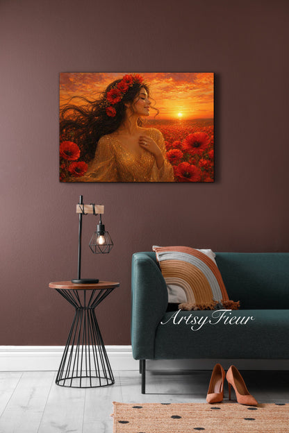 Framed Canvas - Vibrant Poppies Whimsical Full Moon Bride in Poppy Field, Wall Art Ready to hang Oil Painting Original Artwork Print