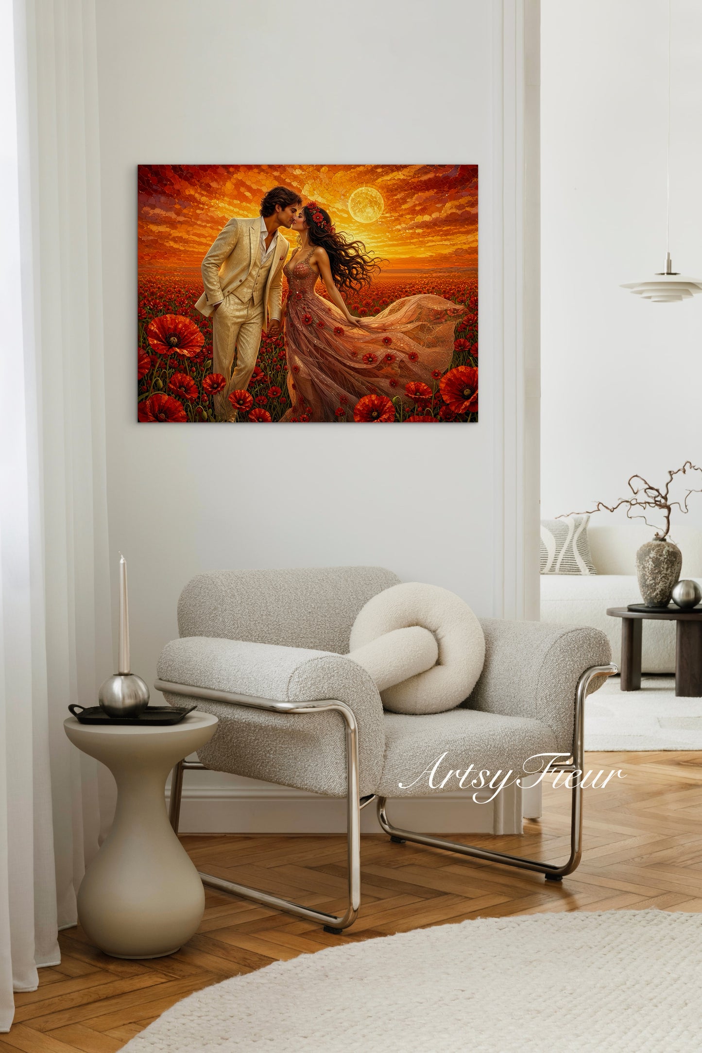 Framed canvas- whimsical full moon sunset bride and groom, wedding, poppy field, vibrant colours living room original artwork, fantasy oil painting wall art print