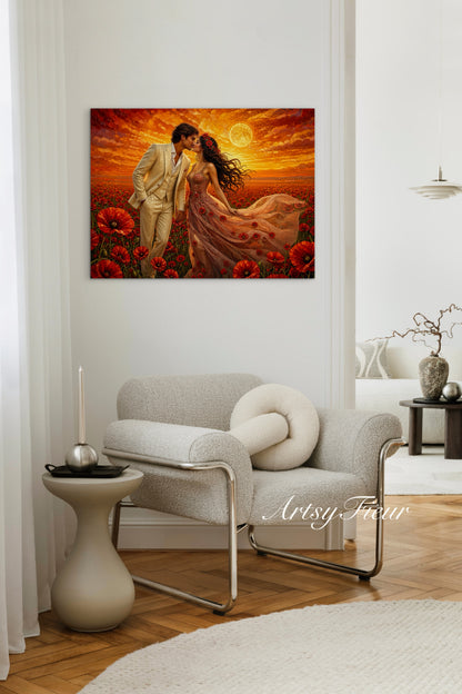 Framed canvas- whimsical full moon sunset bride and groom, wedding, poppy field, vibrant colours living room original artwork, fantasy oil painting wall art print