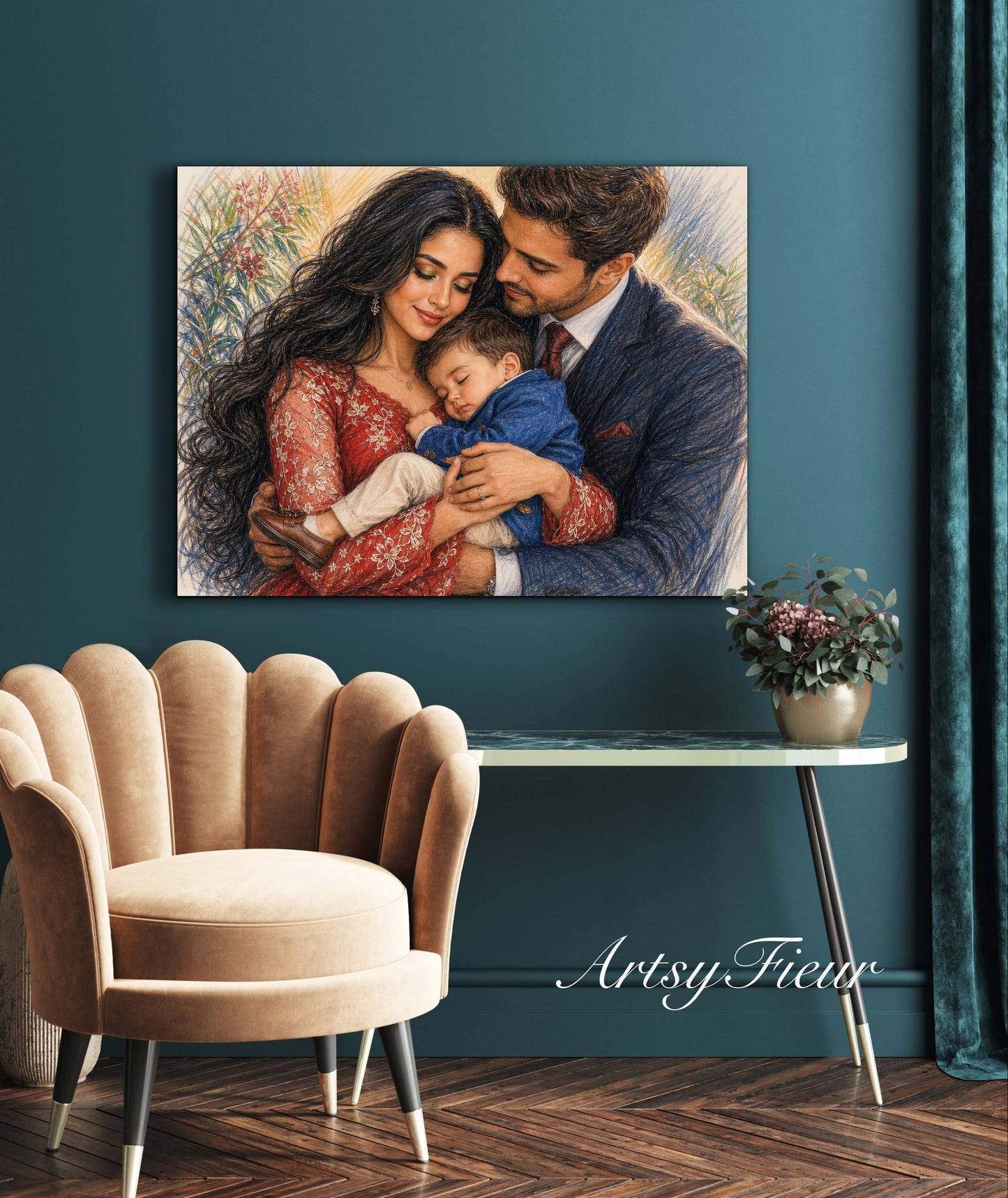 Framed Canvas- Vibrant Mother and Son Dad Family Portrait Fantasy Drawing Wall Art Print