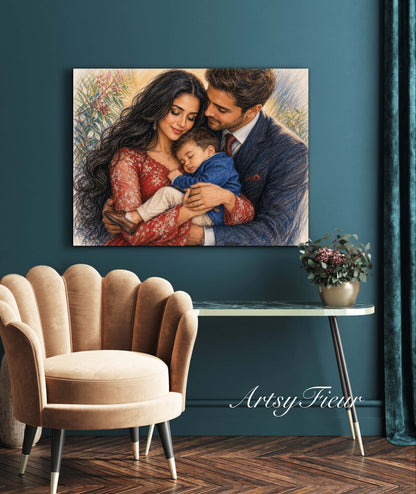 Framed Canvas- Vibrant Mother and Son Dad Family Portrait Fantasy Drawing Wall Art Print