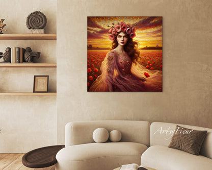 Framed canvas- Original Artwork Vibrant Poppies watercolour floral painting beautiful brunette woman ready to hang wall art print, abstract portrait