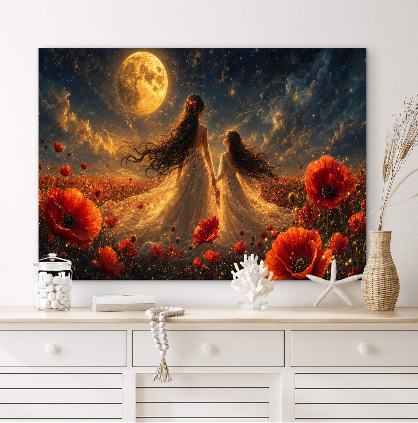 Framed Canvas- Vibrant Poppies Field Bride Mother and Daughter Portrait Whimsical Full Moon Sunset Fantasy Oil Painting Wall Art Print