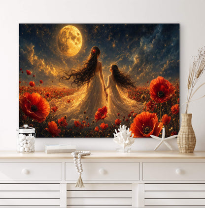 Framed Canvas- Vibrant Poppies Field Bride Mother and Daughter Portrait Whimsical Full Moon Sunset Fantasy Oil Painting Wall Art Print