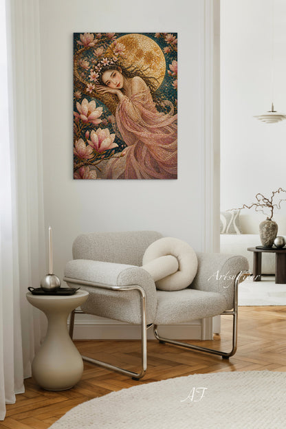 Framed canvas- Abstract Portrait Mosaic Fairy Beautiful Brunette Woman Vibrant Magnolia Flowers Fantasy Wall Art Print