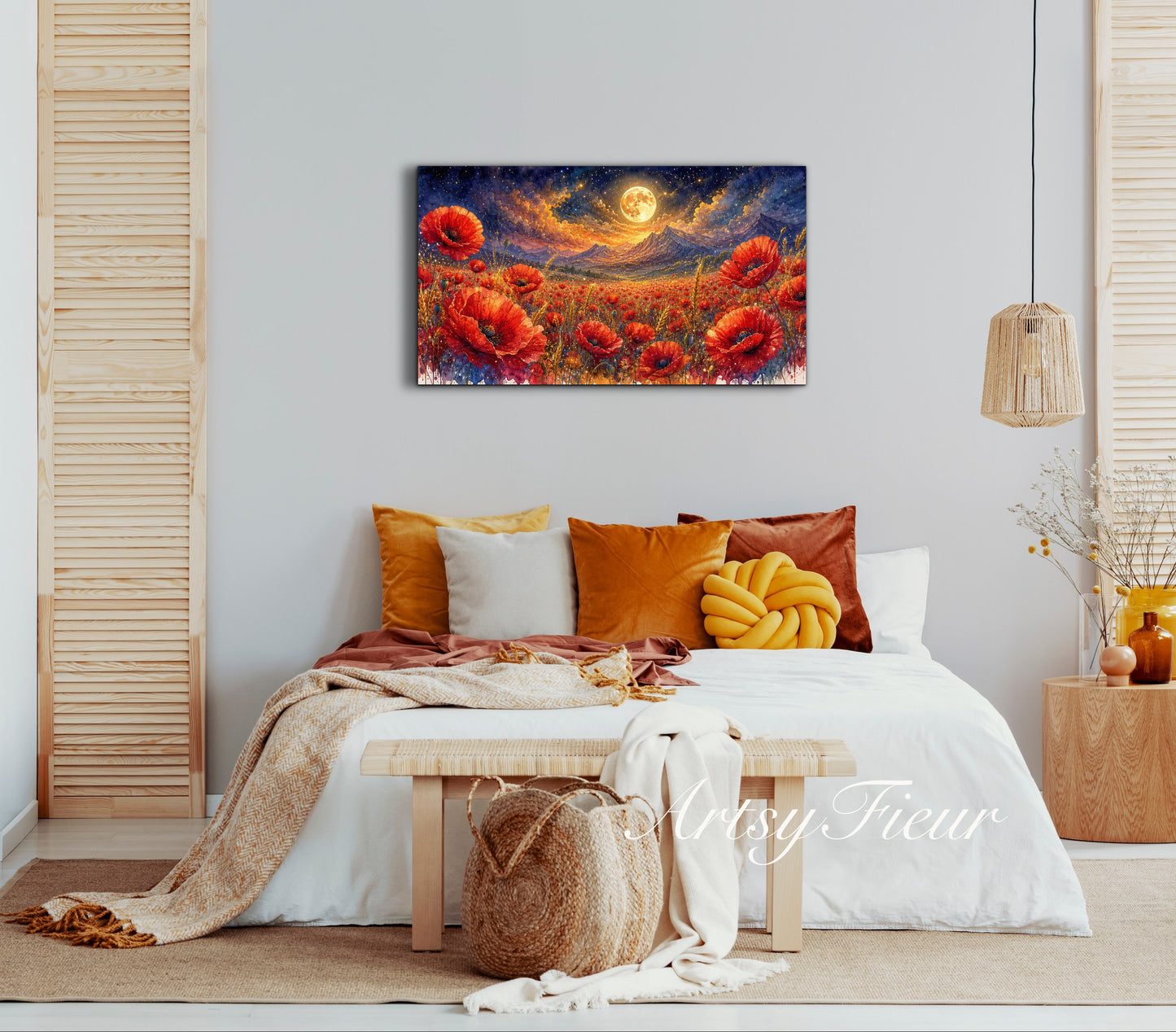 ArtsyFieur Framed Canvas - vibrant poppies whimsical lights full moon living room colourful wall art