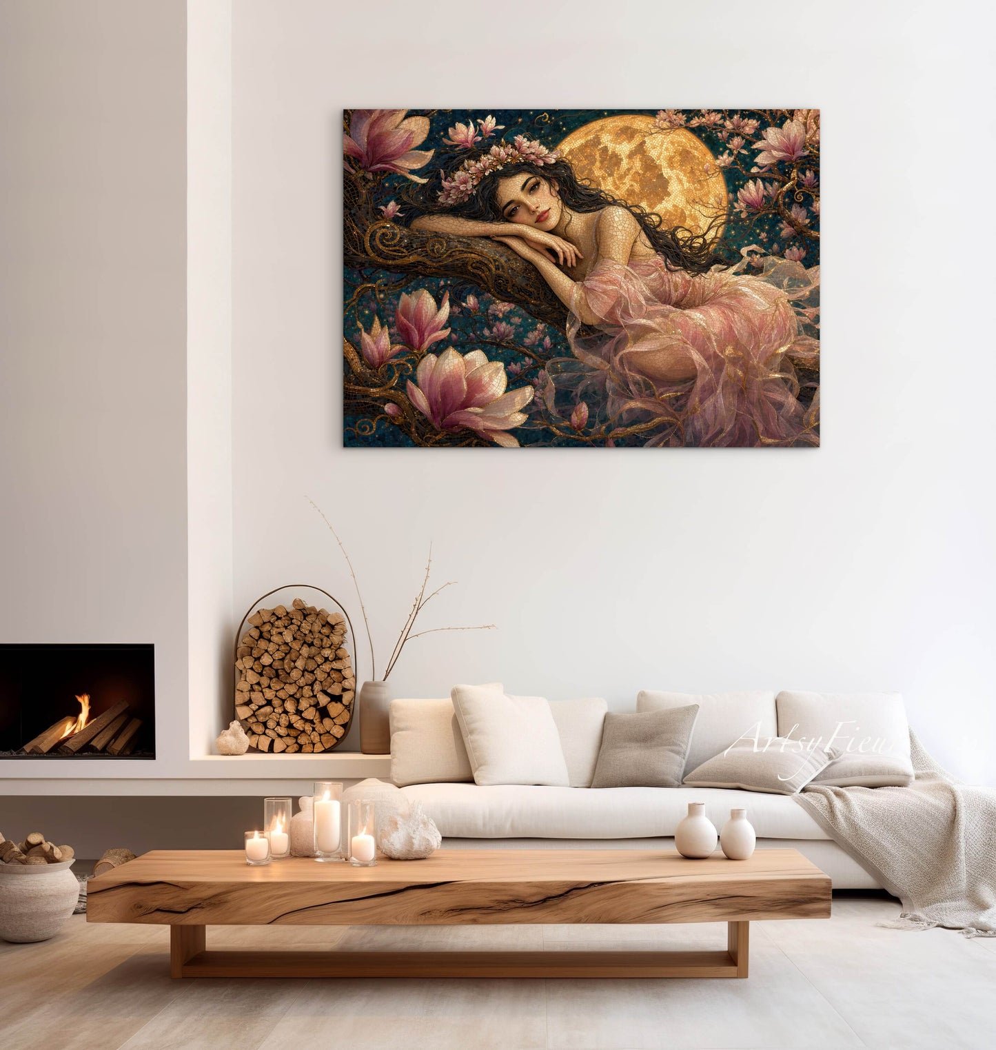 Framed Canvas- Vibrant Magnolia Flowers Beautiful Tinkerbell Woman’s Abstract Portrait Mosaic Original Artwork Fantasy Wall Art Print