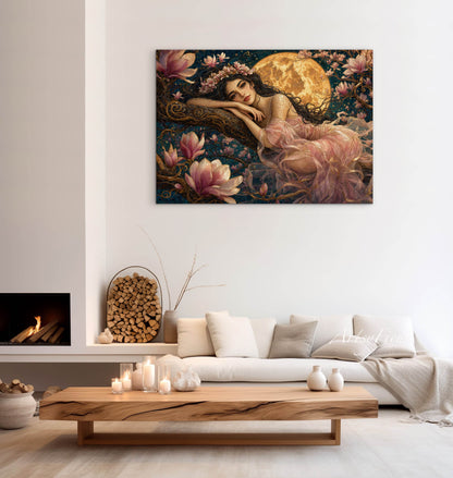 Framed Canvas- Vibrant Magnolia Flowers Beautiful Tinkerbell Woman’s Abstract Portrait Mosaic Original Artwork Fantasy Wall Art Print