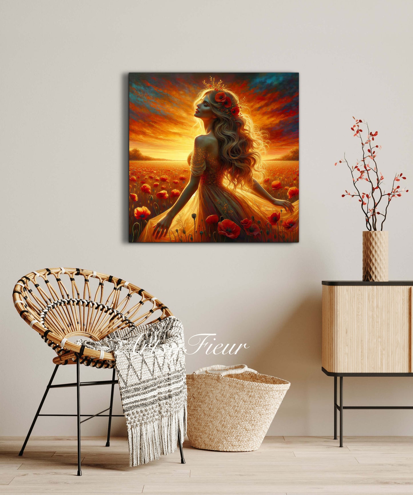 Framed canvas- Original Artwork Vibrant Poppies watercolour floral painting beautiful blondewoman ready to hang wall art print, abstract portrait colourful painting for living room