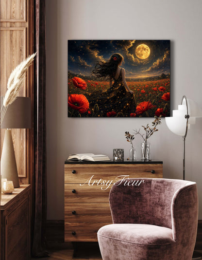 Framed Canvas - Vibrant Poppies Whimsical Full Moon Bride in Poppy Field, Wall Art Ready to hang Oil Painting Original Artwork Print Black Wedding Dress