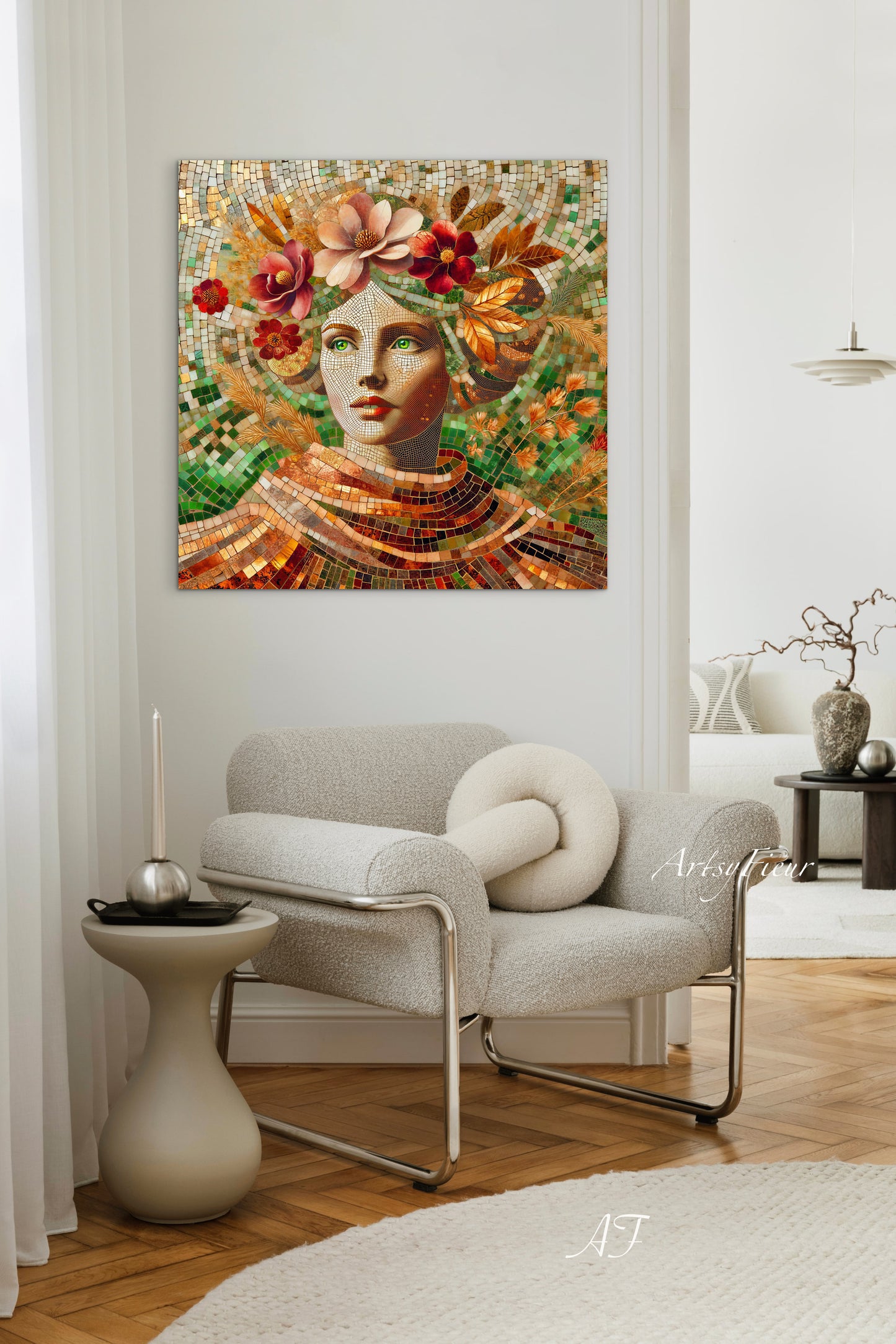 Framed canvas- Original Artwork Vibrant Magnolia Flowers Mosaic Portrait Beautiful Brunette Woman Wall Art Print