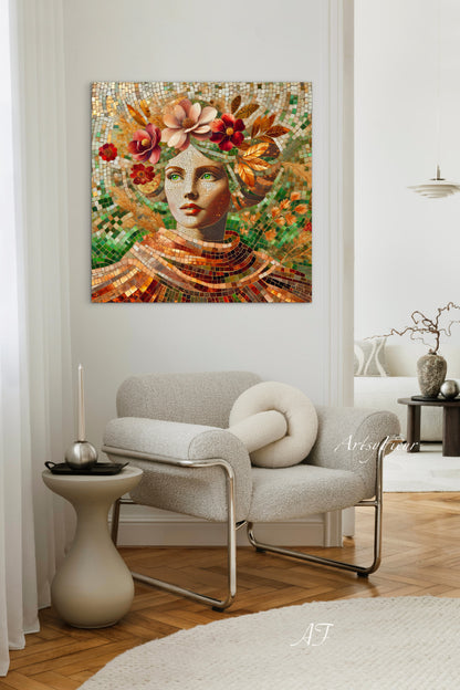 Framed canvas- Original Artwork Vibrant Magnolia Flowers Mosaic Portrait Beautiful Brunette Woman Wall Art Print