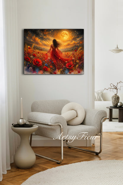 Framed Canvas - Vibrant poppies and wildflowers Whimsical Full Moon starry night sky Bride in Poppy Field, Wall Art Ready to hang original Artwork Print Red Dress