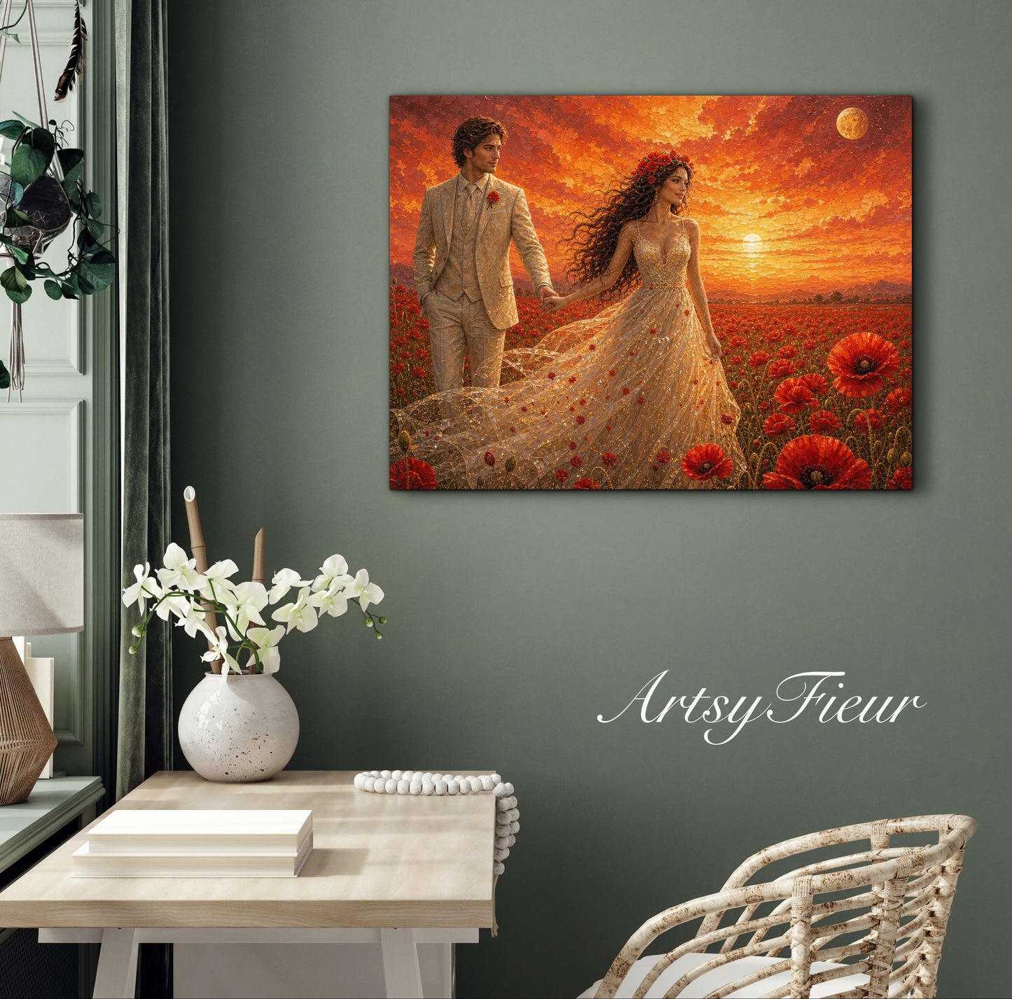 Framed canvas- whimsical full moon sunset -bride and groom, wedding gift, fantasy oil painting bedroom wall art print floral poppies field colourful vibrant colours
