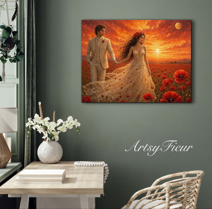 Framed canvas- whimsical full moon sunset -bride and groom, wedding gift, fantasy oil painting bedroom wall art print floral poppies field colourful vibrant colours