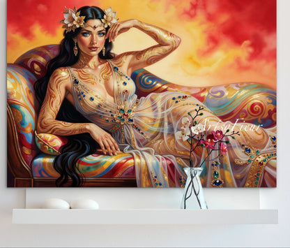Framed canvas Beautiful Brunette on colourful sofa vibrant wall art abstract portrait, vibrant colours fantasy watercolour painting Ready to Hang Living Room Wall Art Print