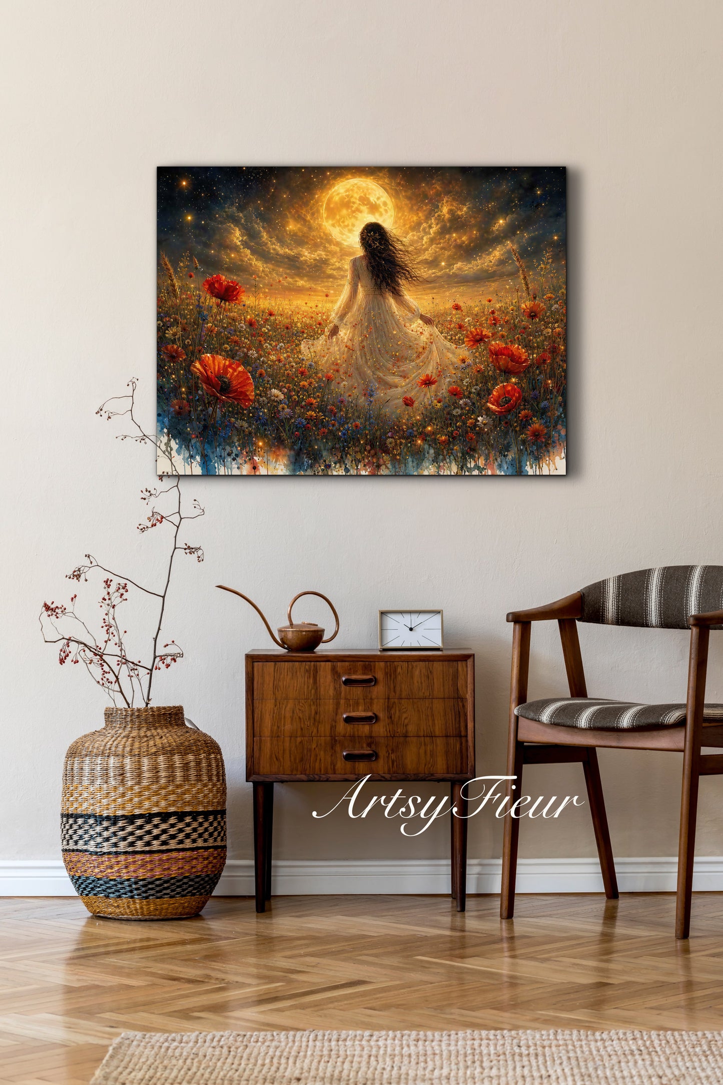 Framed Canvas - Vibrant poppies and wildflowers Whimsical Full Moon starry night sky Bride in Poppy Field, Wall Art Ready to hang original Artwork Print