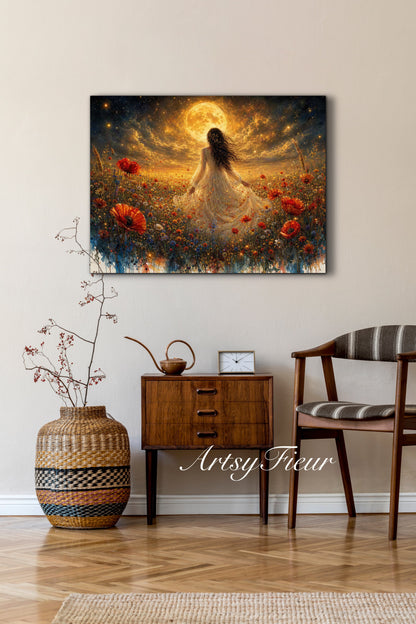 Framed Canvas - Vibrant poppies and wildflowers Whimsical Full Moon starry night sky Bride in Poppy Field, Wall Art Ready to hang original Artwork Print