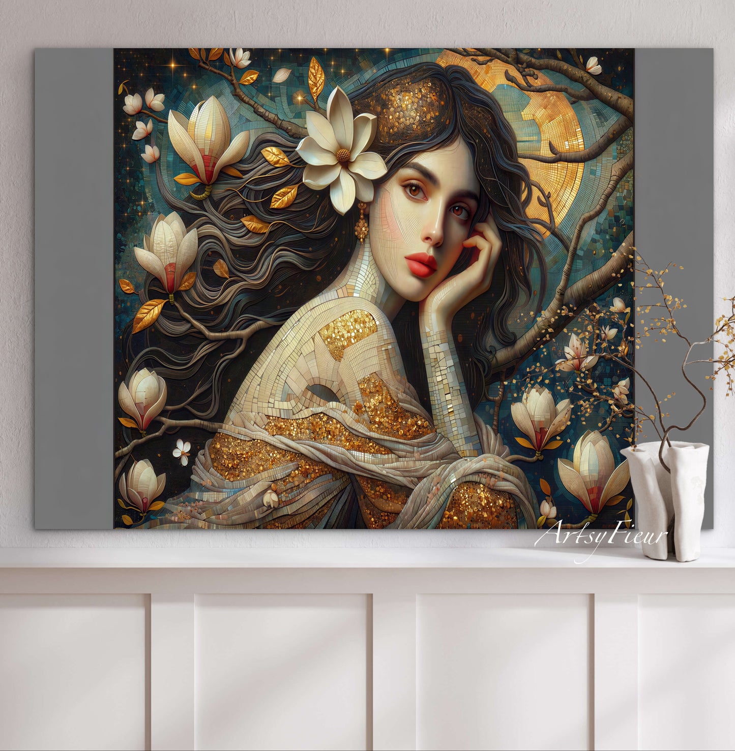 Framed Canvas- Vibrant Magnolia Flowers Beautiful Brunette Woman’s Abstract Portrait Mosaic Original Artwork Fantasy Wall Art Print
