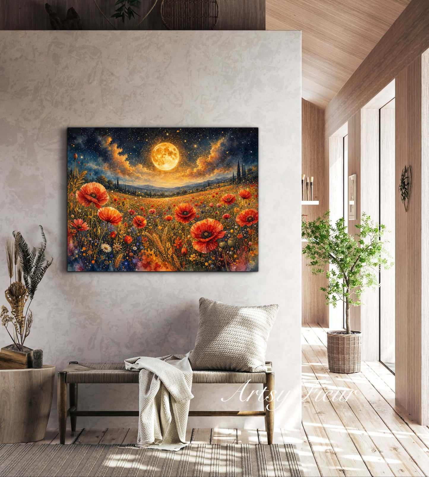 Framed Canvas Print- Vibrant Wildflowers and Poppies Oil Painting Textured Wall Art , Beautiful Original Artwork Ready to Hang Living Room, Floral