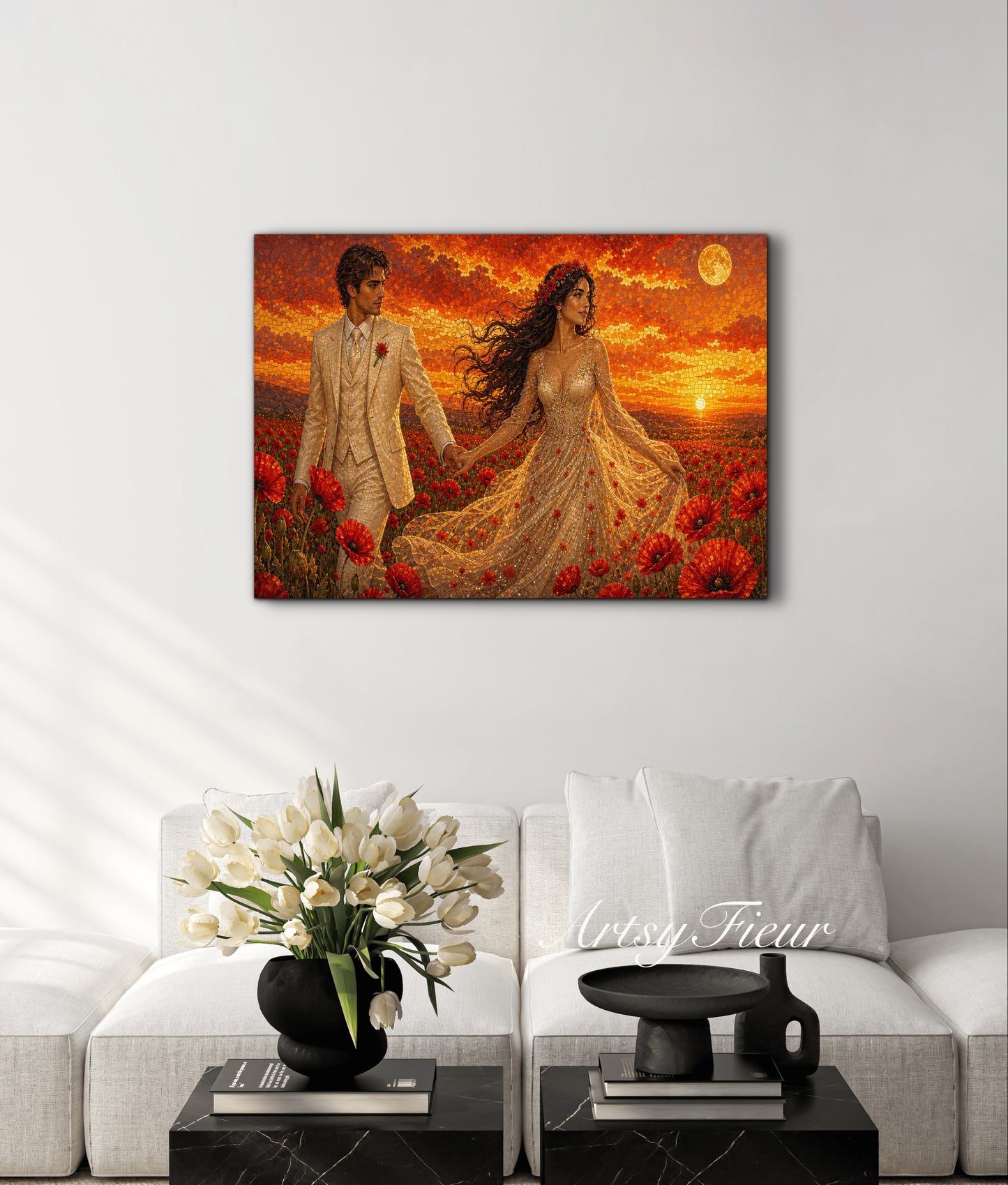 Framed canvas- whimsical full moon sunset -bride and groom, wedding, fantasy oil painting wall art print