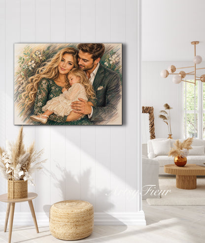 Framed Canvas- Vibrant Mother and Daughter Dad Family Portrait Fantasy Drawing Wall Art Print