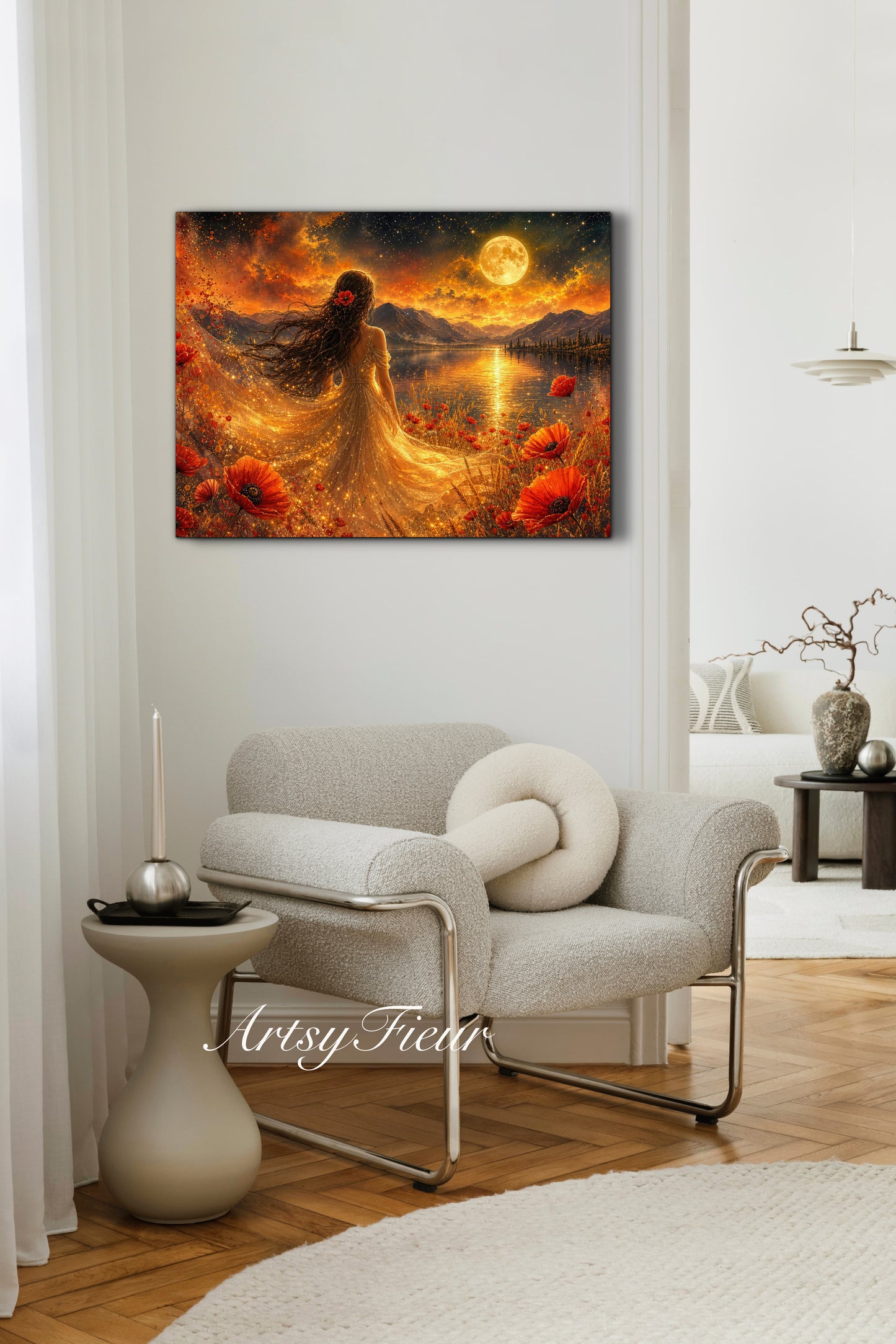 Framed Canvas - Vibrant poppies and wildflowers Whimsical Full Moon starry night sky Bride -Lady by the lake Wall Art Ready to hang original Artwork Print