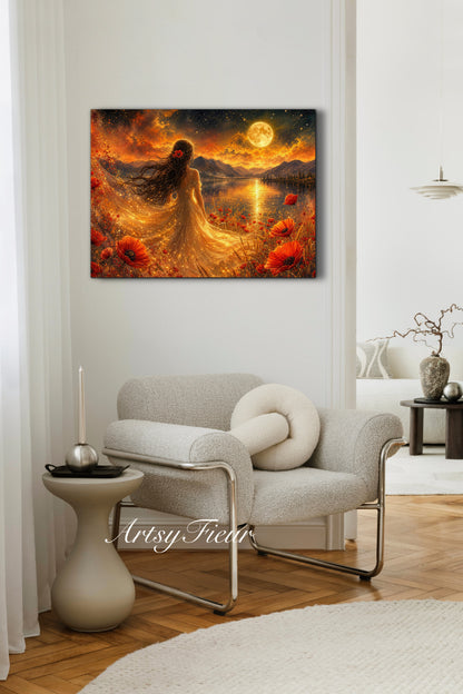 Framed Canvas - Vibrant poppies and wildflowers Whimsical Full Moon starry night sky Bride -Lady by the lake Wall Art Ready to hang original Artwork Print