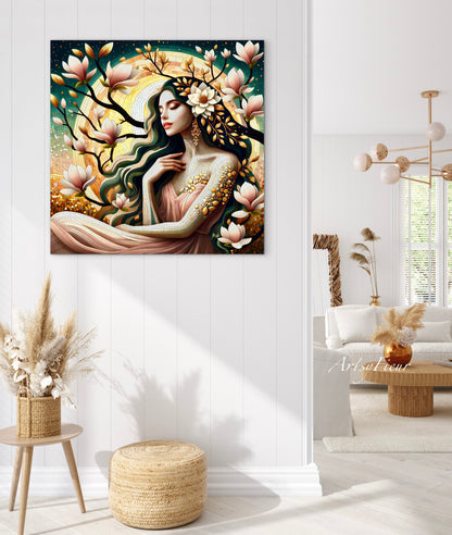 Framed canvas- Original Artwork Vibrant Magnolia Flowers Mosaic Portrait Beautiful Brunette Woman Wall Art Print