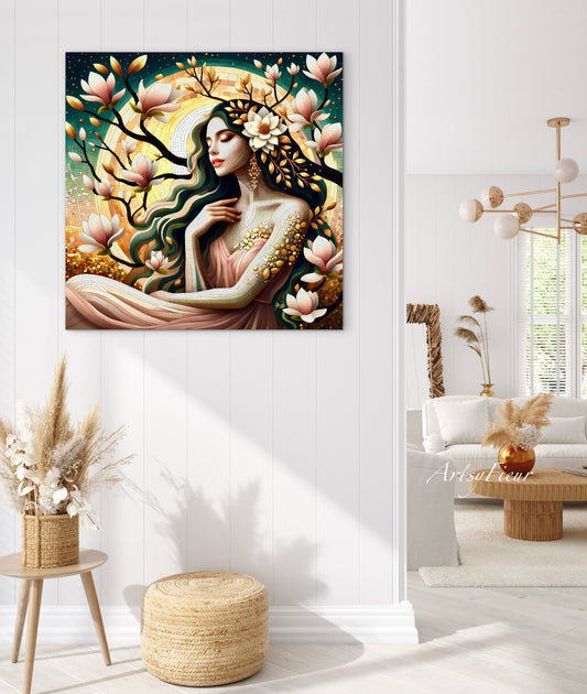 Framed canvas- Original Artwork Vibrant Magnolia Flowers Mosaic Portrait Beautiful Brunette Woman Wall Art Print