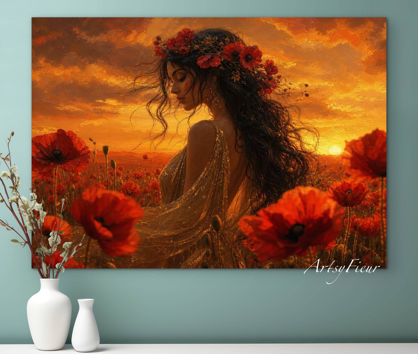 Framed Canvas - Vibrant Poppies Whimsical Full Moon Bride in Poppy Field, Wall Art Ready to hang Oil Painting Original Artwork Print