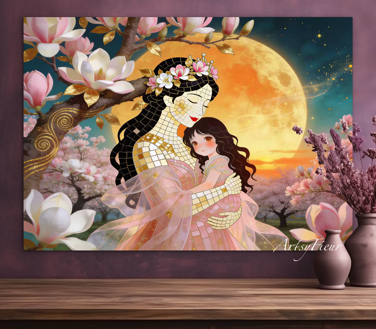 Framed Canvas- Vibrant Magnolia Flowers Mother and Daughter Portrait Original ArtworkFantasy Wall Art