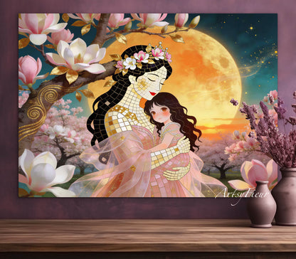 Framed Canvas- Vibrant Magnolia Flowers Mother and Daughter Portrait Original ArtworkFantasy Wall Art