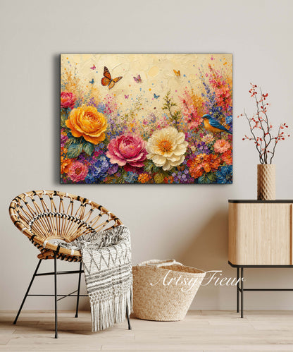 Framed Canvas Print- Vibrant Wildflowers and Petunias Oil Painting Textured Wall Art , Beautiful Original Artwork Ready to Hang Living Room, Floral
