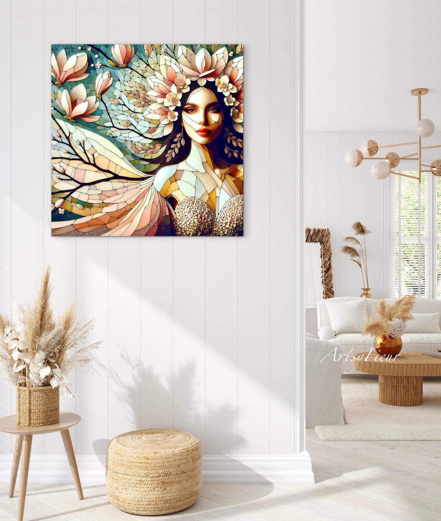 Framed canvas- Original Artwork Vibrant Magnolia Flowers Mosaic Portrait Beautiful Brunette Woman Wall Art Print