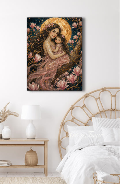 Framed canvas- Abstract Portrait Mosaic Fairy Beautiful Brunette Mother and Daughter Vibrant Magnolia Flowers Fantasy Wall Art Print