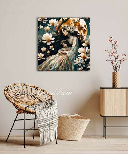 Framed canvas- ready to hang wall art print, abstract mother and daughter portrait Mosaic Magnolia Flowers Whimsical Full Moon